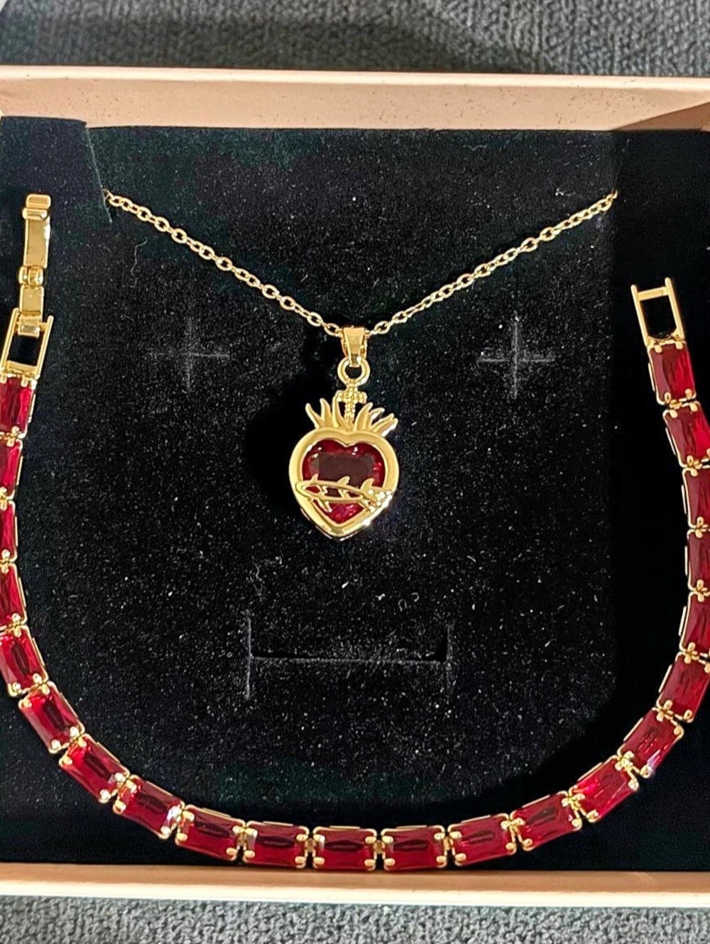 Ruby & Gold Heart Necklace Set New